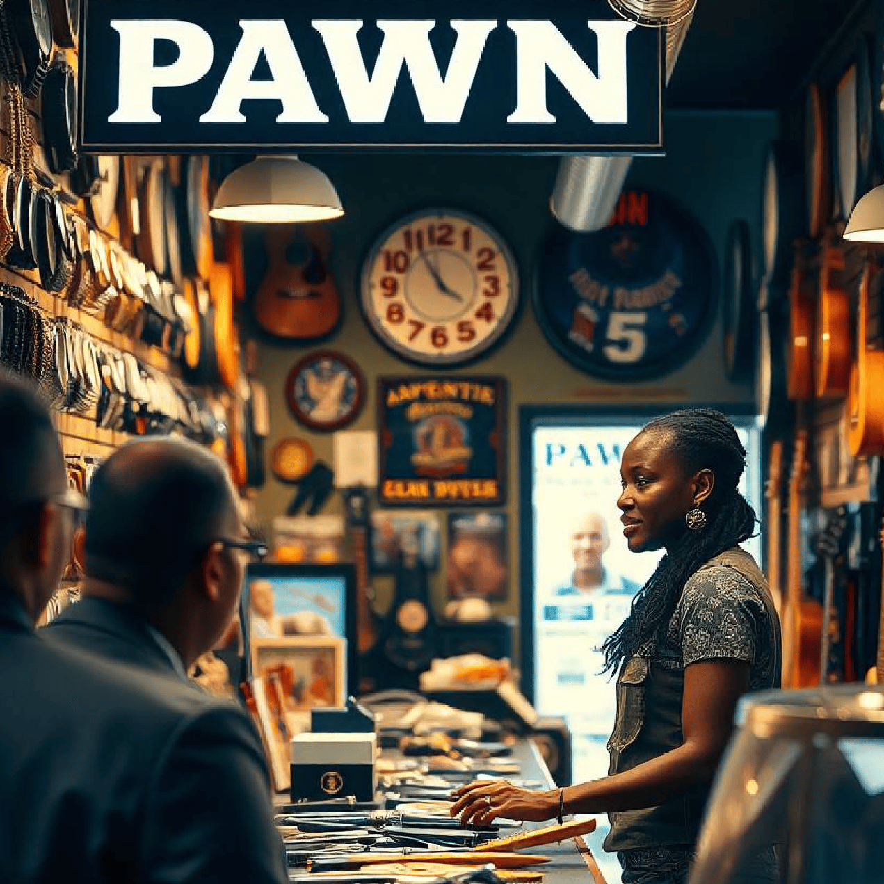 employee and customers in pawn shop